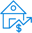 Blue outline of a house with a dollar sign and upward arrow indicating real estate or property value increase.