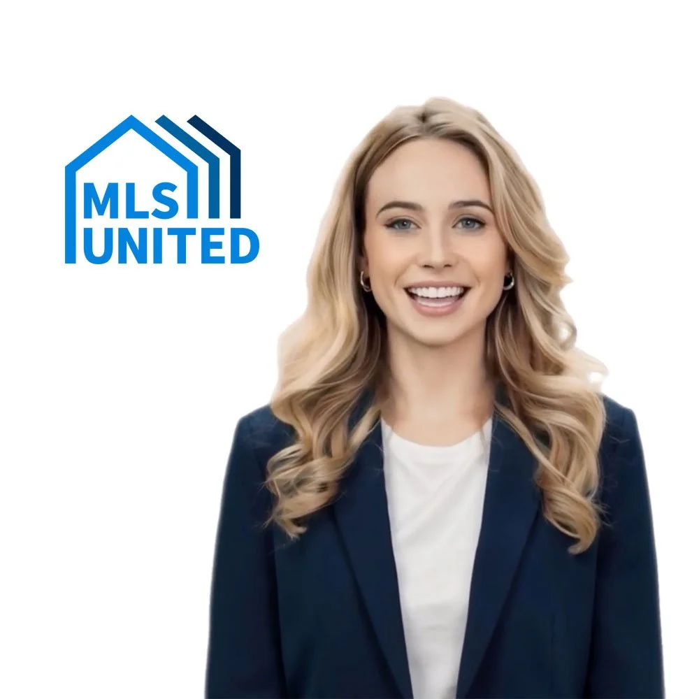A smiling woman with long blonde hair, wearing a navy blazer and white shirt, standing next to a blue MLS United logo on a white background.