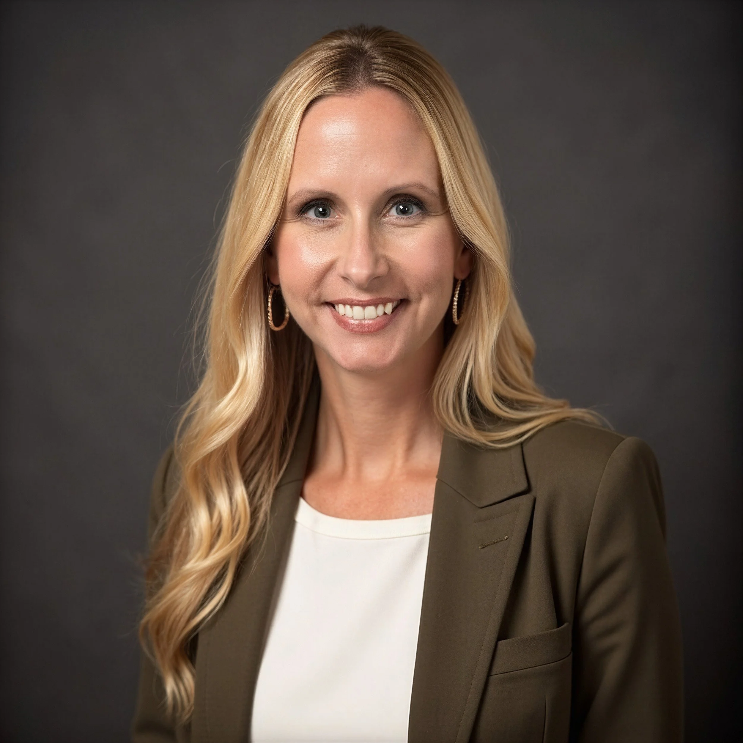 A woman with long blonde hair, smiling, wearing earrings, a white top, and a dark blazer, against a dark background.