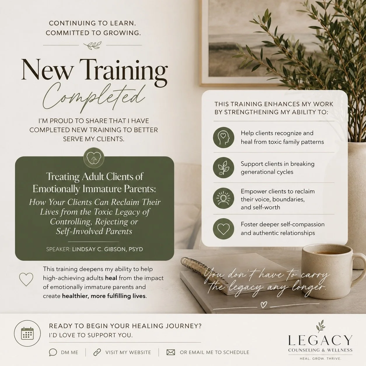 I&rsquo;m a firm believer that being a good therapist means never stopping learning.
I recently completed advanced training focused on working with adults who grew up with emotionally immature, controlling, rejecting, or self-involved parents &mdash;