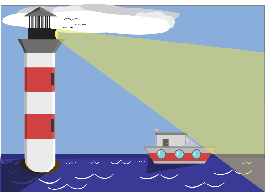 Illustration of a lighthouse at sea shining its light, with a boat nearby and a cloudy sky.