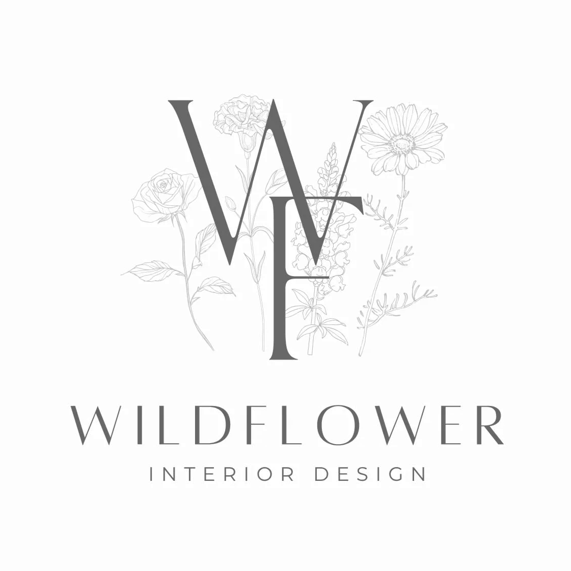 Logo for Wildflower Interior Design with the word 'LOVE' overlaid on floral illustrations.