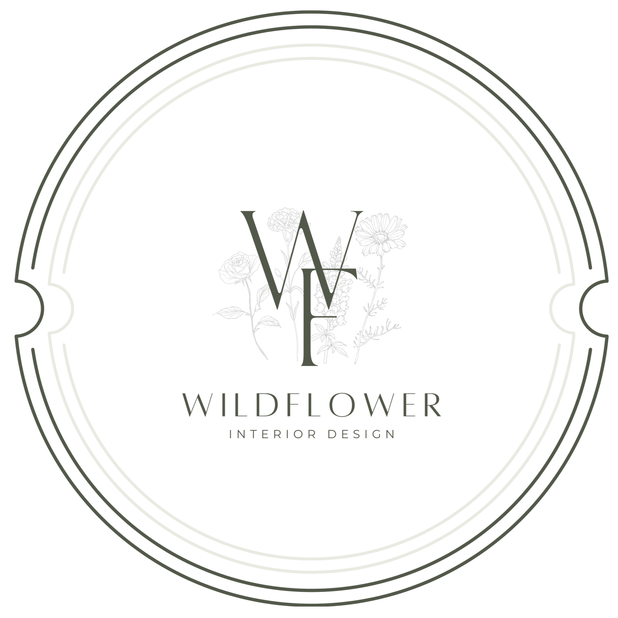 Logo for Wilderflower Interior Design featuring a stylized letter W with a rainbow above it.