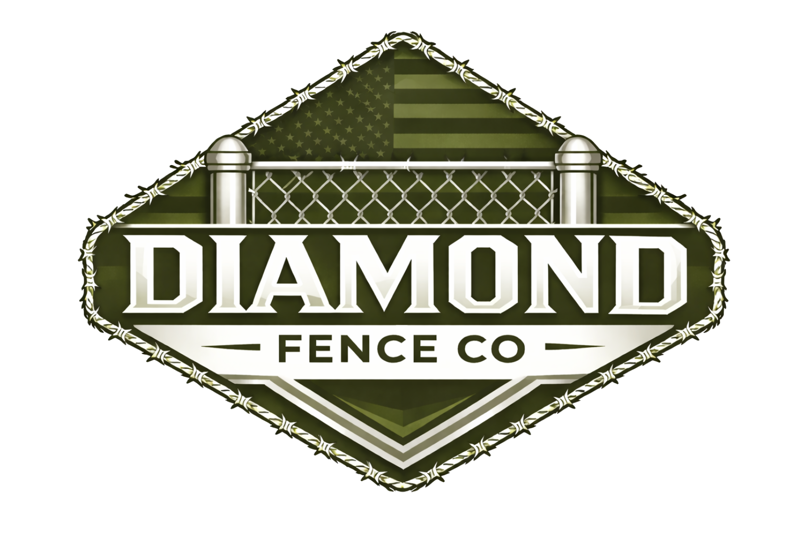 Logo of Diamond Fence Co., featuring a diamond-shaped background with an American flag design, a chain-link fence, and barbed wire border.