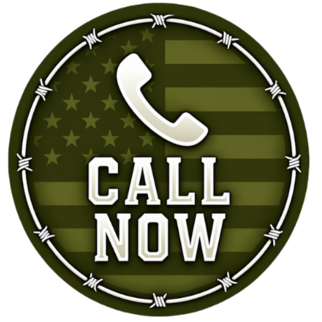 A round icon with a barbed wire border, American flag background, a white telephone handset, and the words 'CALL NOW' in bold white letters.