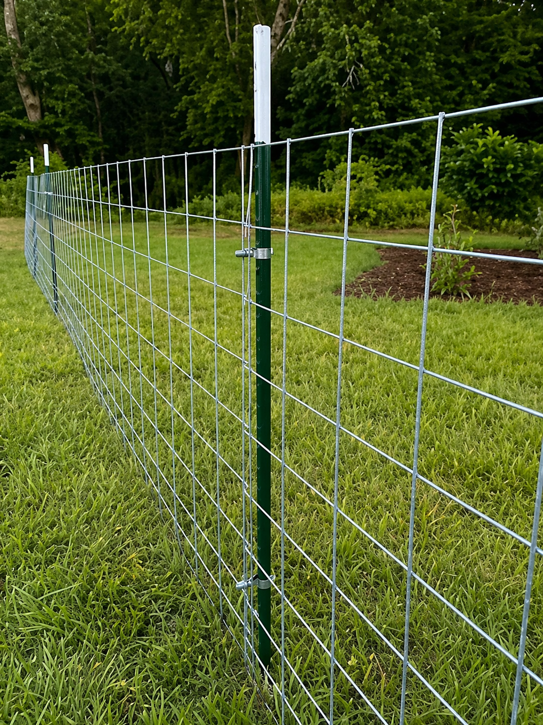 A metal wire farm fence with green posts on a grassy lawn, with trees and bushes in the background.