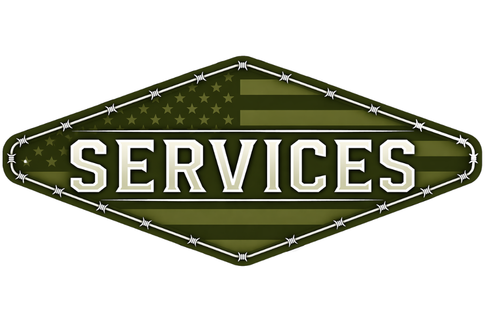 Green diamond-shaped sign with the word "SERVICES" in bold white letters, surrounded by barbed wire design.