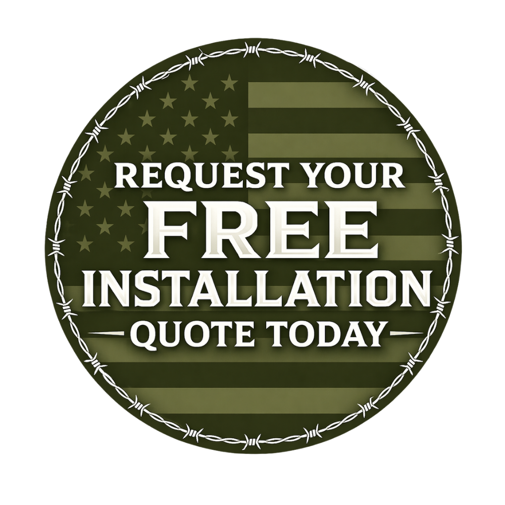 Circular badge with an American flag background, green camouflage pattern, and a barbed wire border. Text on the badge reads: "Request your free installation quote today."