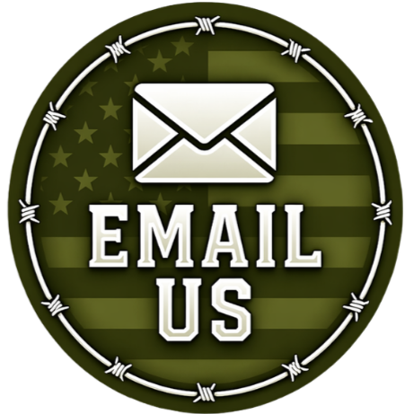 Icon of an envelope above the text 'EMAIL US' on a green background with a circular barbed wire border.