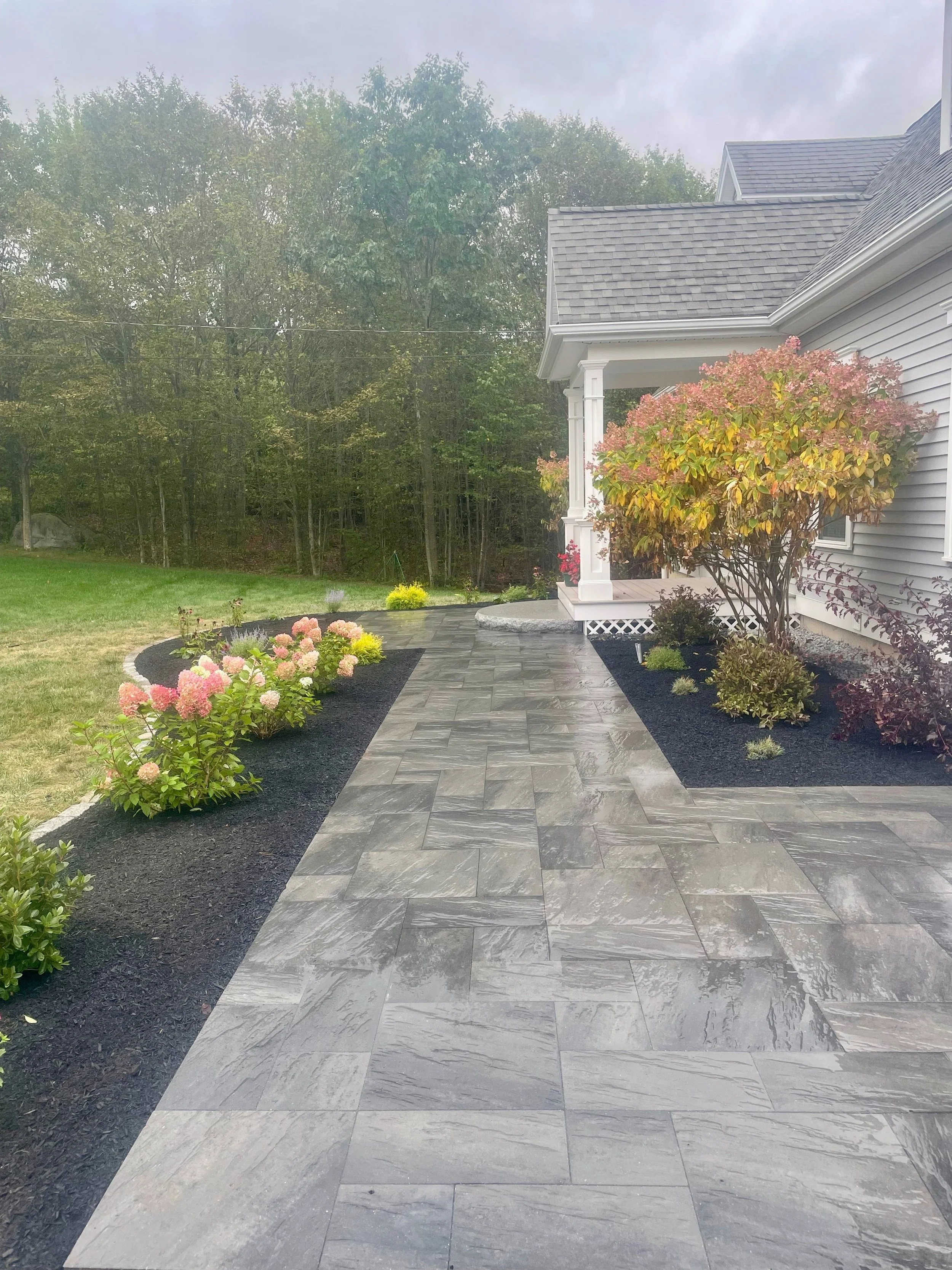 A paved walkway leading to a house with a small porch. The house has gray siding and a gray shingle roof. There are bushes with pink, yellow, and green foliage along the porch. In the background, there is a grassy lawn and a wooded area with trees.