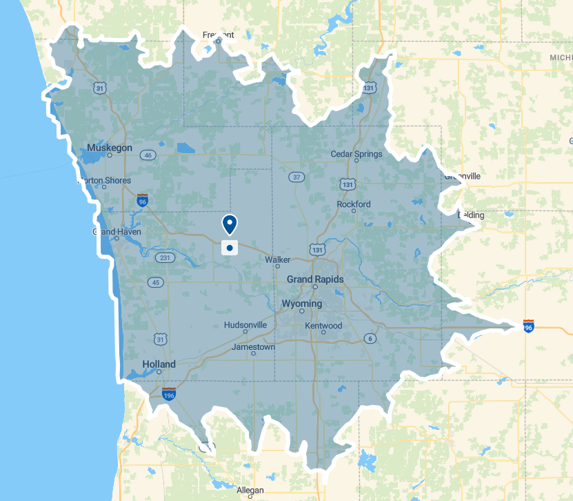 Map of the service area within the state of Michigan highlighting major cities and highways around West Michigan.