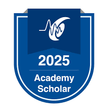 A shield-shaped logo with a blue background, featuring a stylized heartbeat line and a checkmark, and the text '2025 Academy Scholar'.