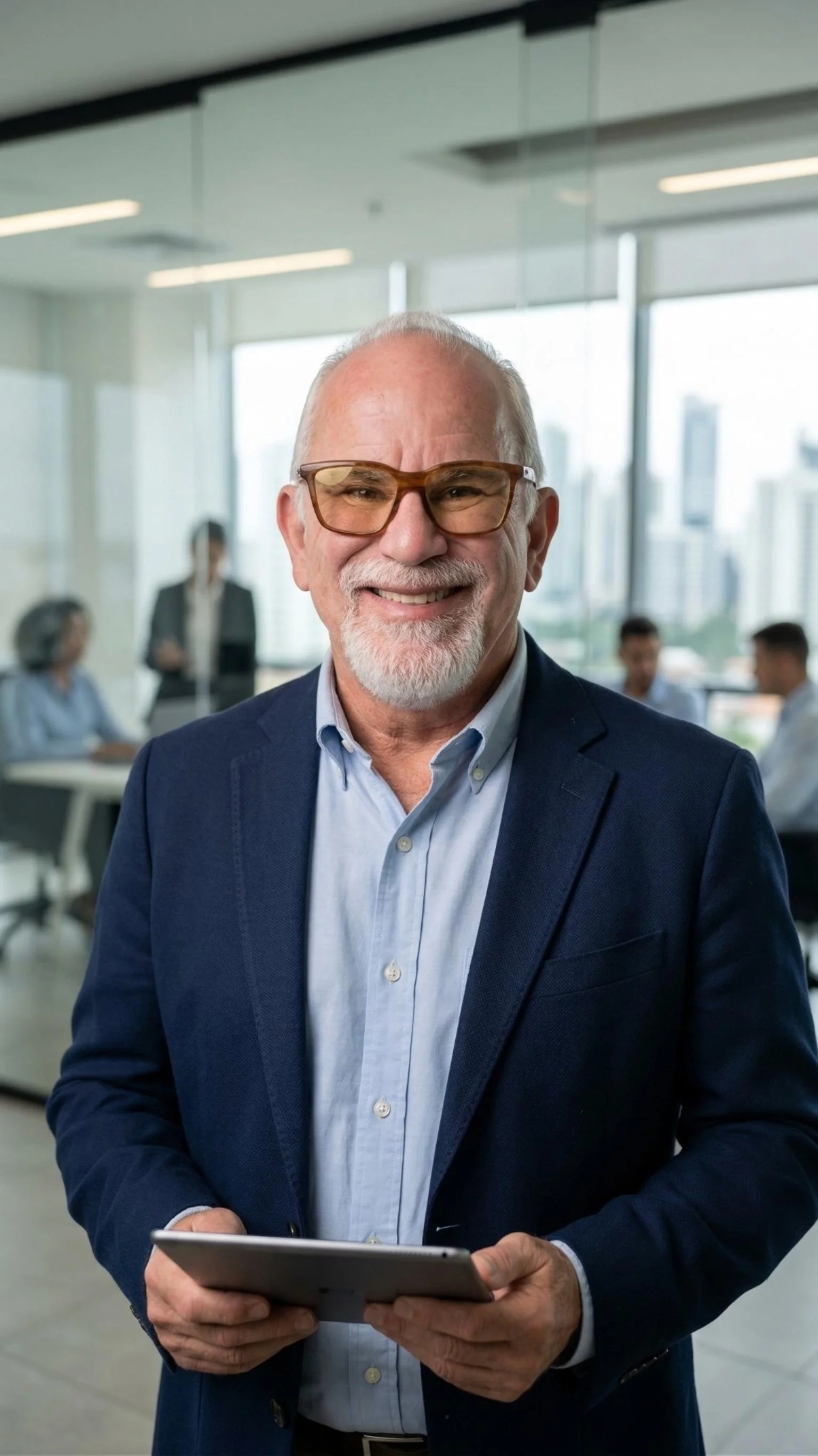 An older man in a navy blazer and light blue shirt, wearing glasses, smiling and holding a tablet in an office setting with large windows and city skyline in the background.