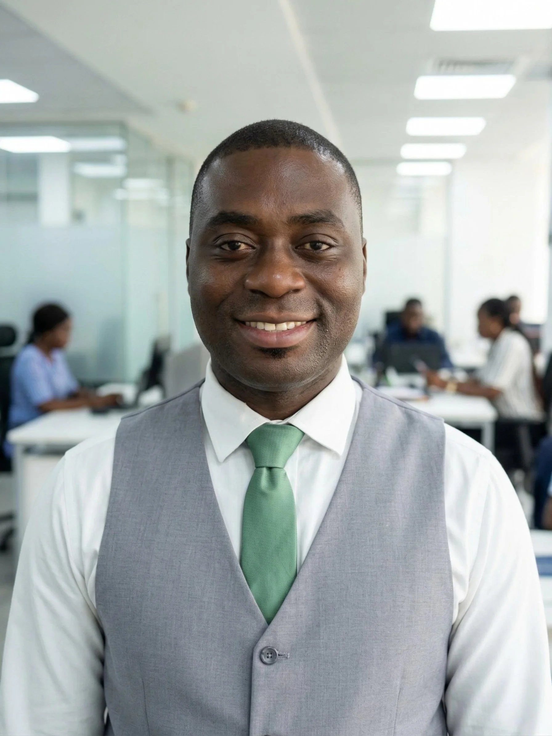 Close-up of a smiling man wearing a white shirt, grey vest, and light green tie in a modern office with colleagues working in the background.