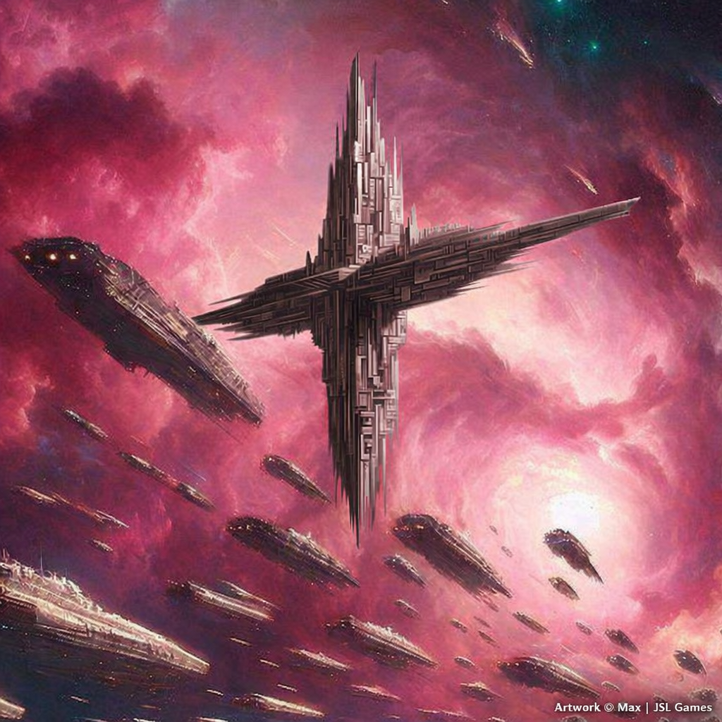 A large, futuristic spaceship with a tall, spire-like structure in the center, surrounded by numerous smaller ships, against a vibrant pink and purple cosmic backdrop with stars and nebulae.
