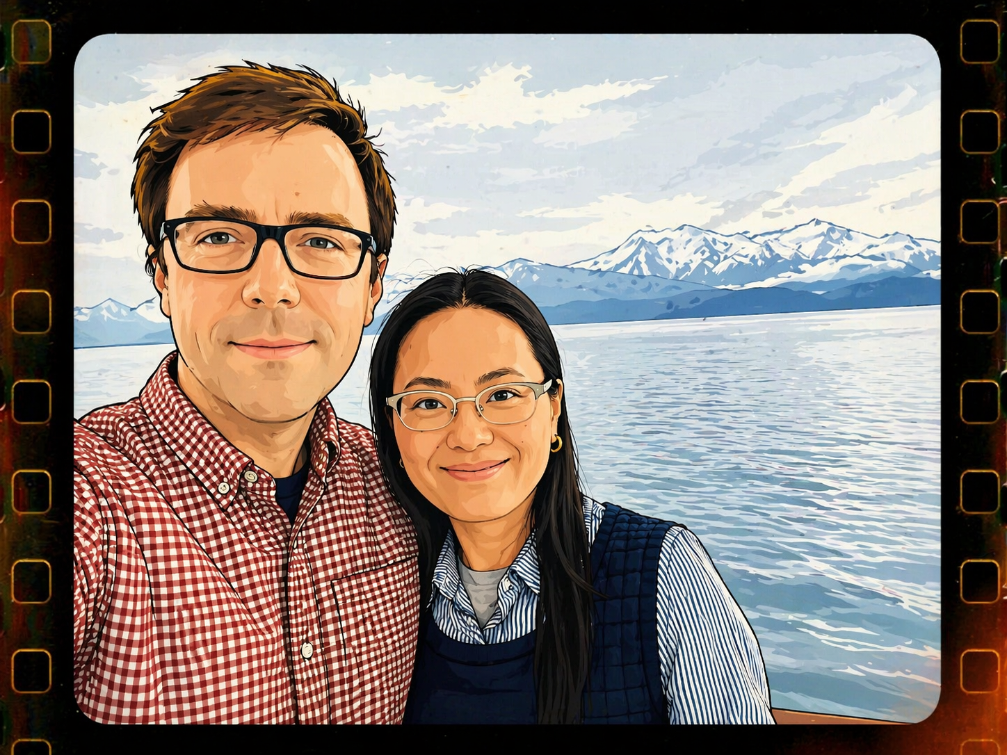 Cartoon-style drawing of a smiling couple with glasses standing in front of a body of water with snow-capped mountains in the background.