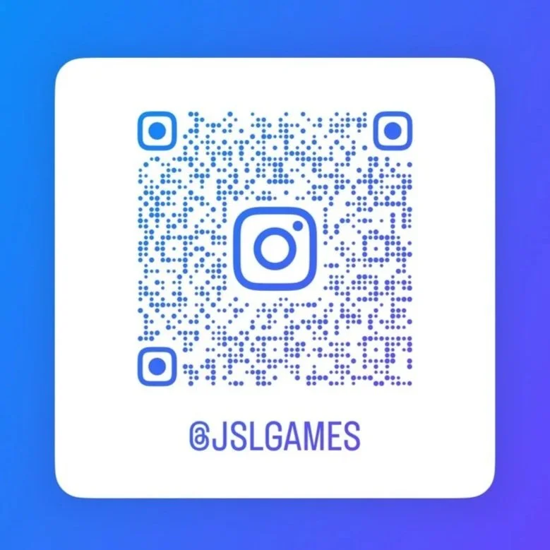 A QR code with Instagram logo in the center and the username '@JSLGAMES' below it, set against a gradient blue background.