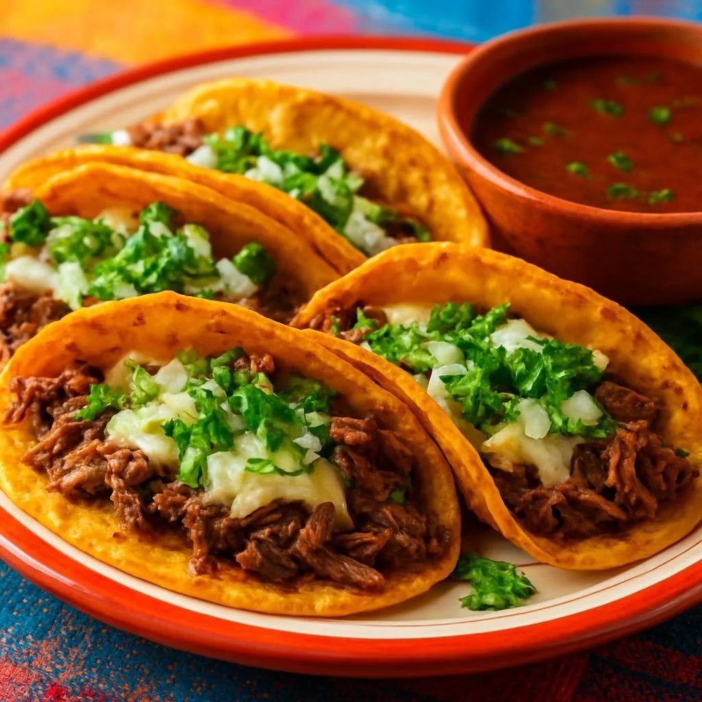 Three beef tacos topped with chopped onions and cilantro on a colorful plate, accompanied by a bowl of red salsa garnished with chopped green herbs.