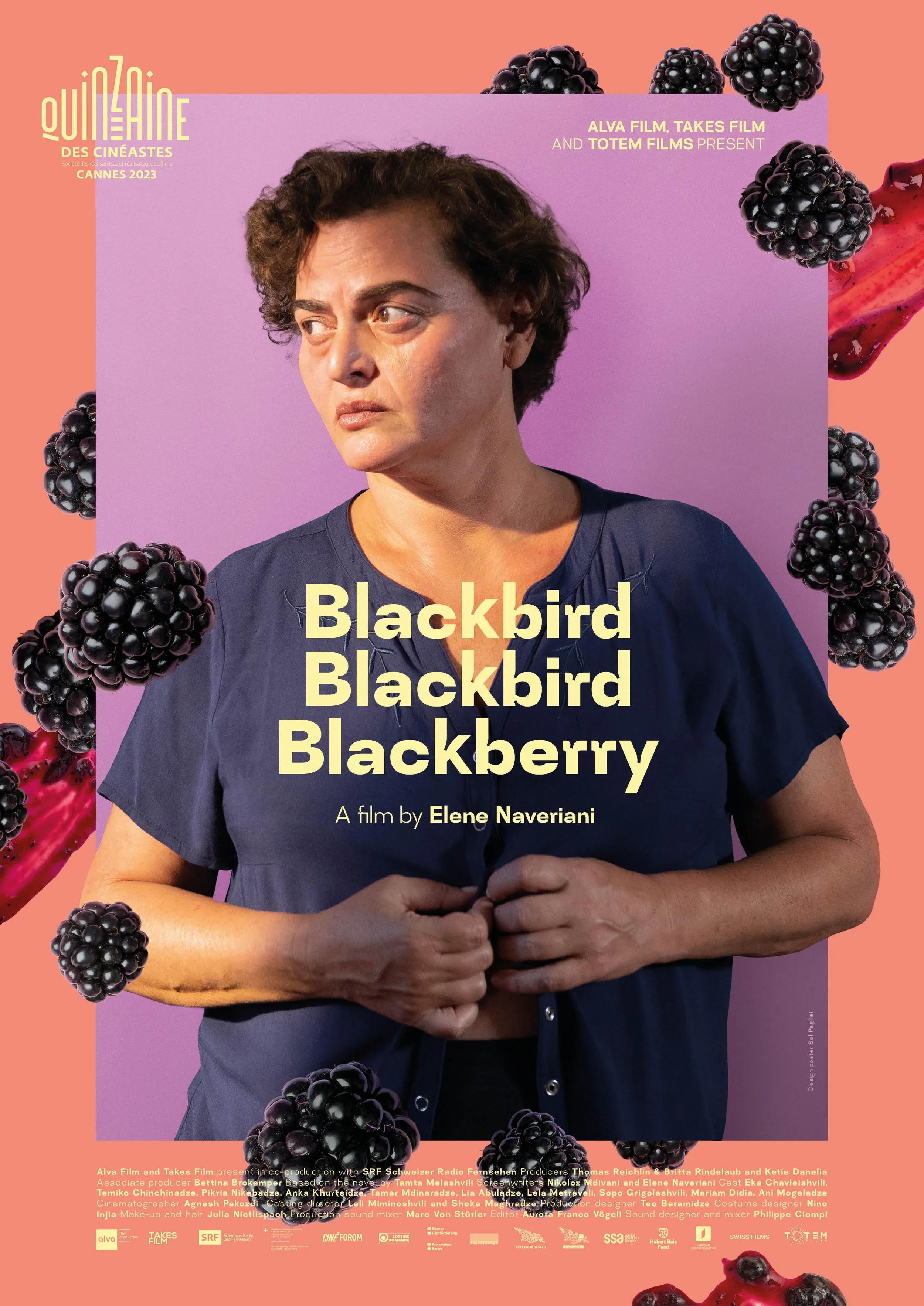 Poster for the film "Blackbird, Blackbird, Blackberry" featuring a woman with short dark hair, wearing a navy blue shirt, against a purple background. Blackberries and raspberry slices are scattered around the poster.