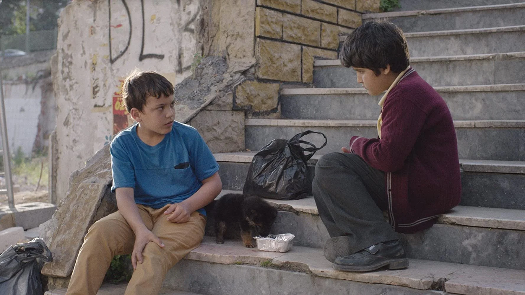 Two boys sit on outdoor concrete stairs next to a small puppy and a black plastic bag, engaging in conversation.