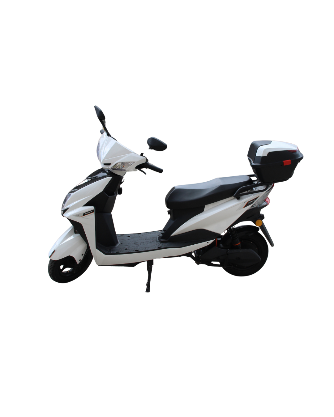 White scooter with black seat, rear storage box, and front mirror, isolated on a white background.