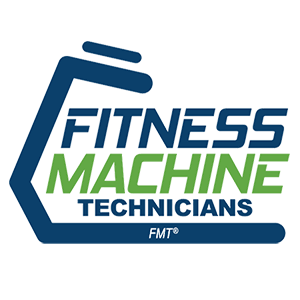 Logo for Fitness Machine Technicians with a stylized hexagon and barbell design in blue and green text.
