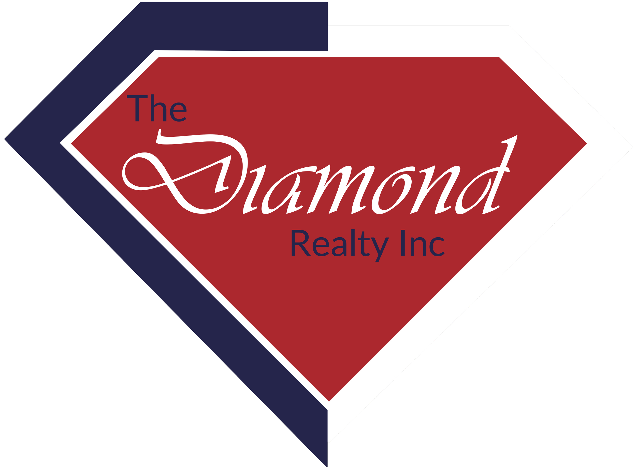Logo of The Vermont Realty Inc, designed with a diamond shape, red background, navy blue border, and white accents, featuring stylized text.
