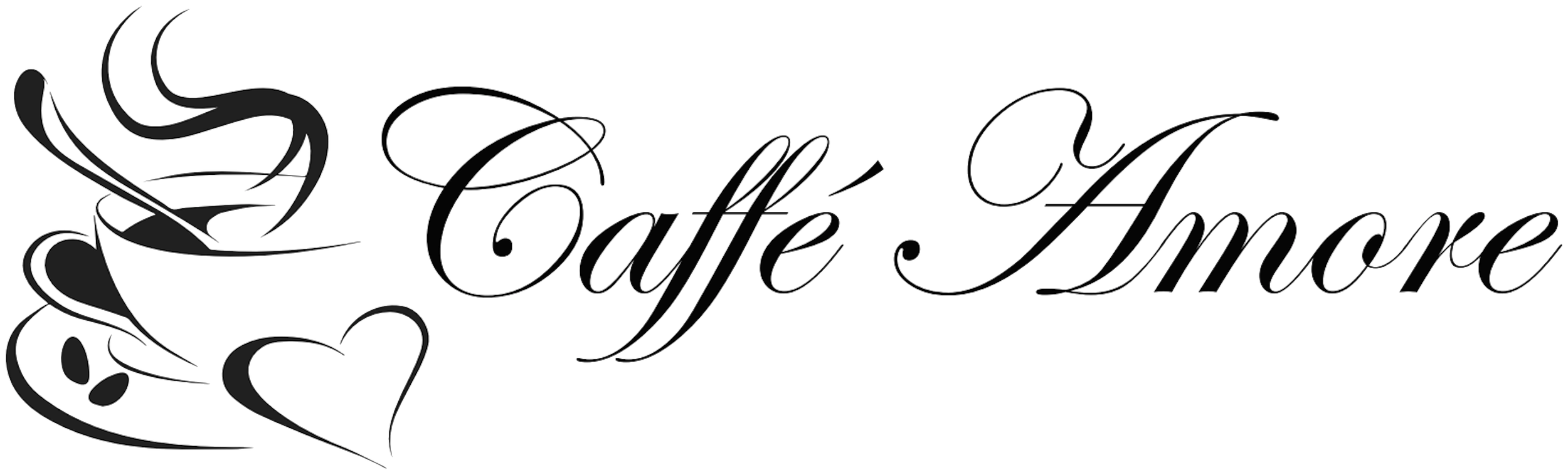 Elegant black and white logo with swirling coffee cup and hearts, featuring the text "Caffé Amore" in cursive script.