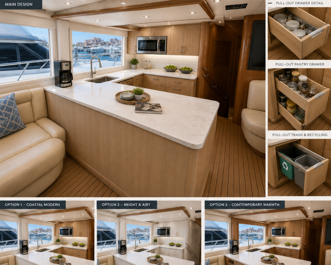 Kitchen with a white marble island, wooden cabinetry, and a view of the marina through large windows. Features include a coffee maker, microwave, and decorative bowls of green fruit. Pull-out drawers for pantry, dishes, and trash are shown in detail.