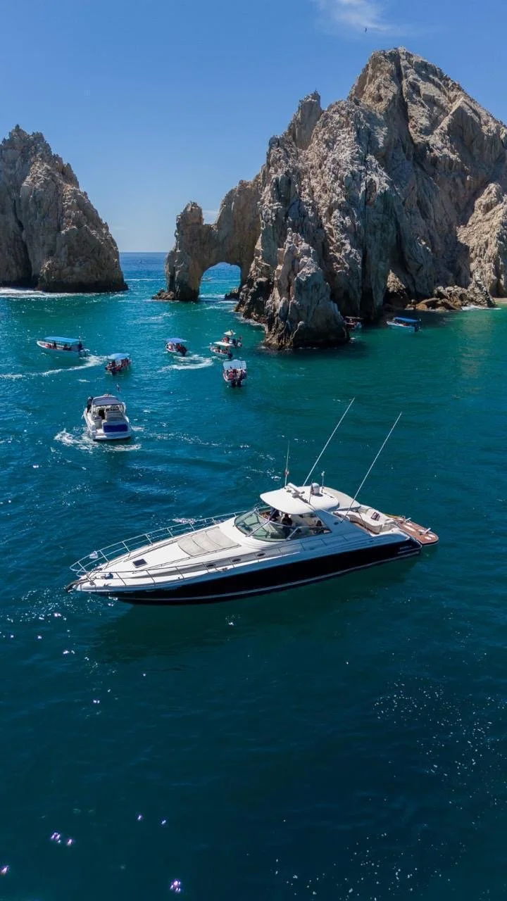 A large white and black yacht floating in turquoise water near rocky cliffs with several small boats nearby.