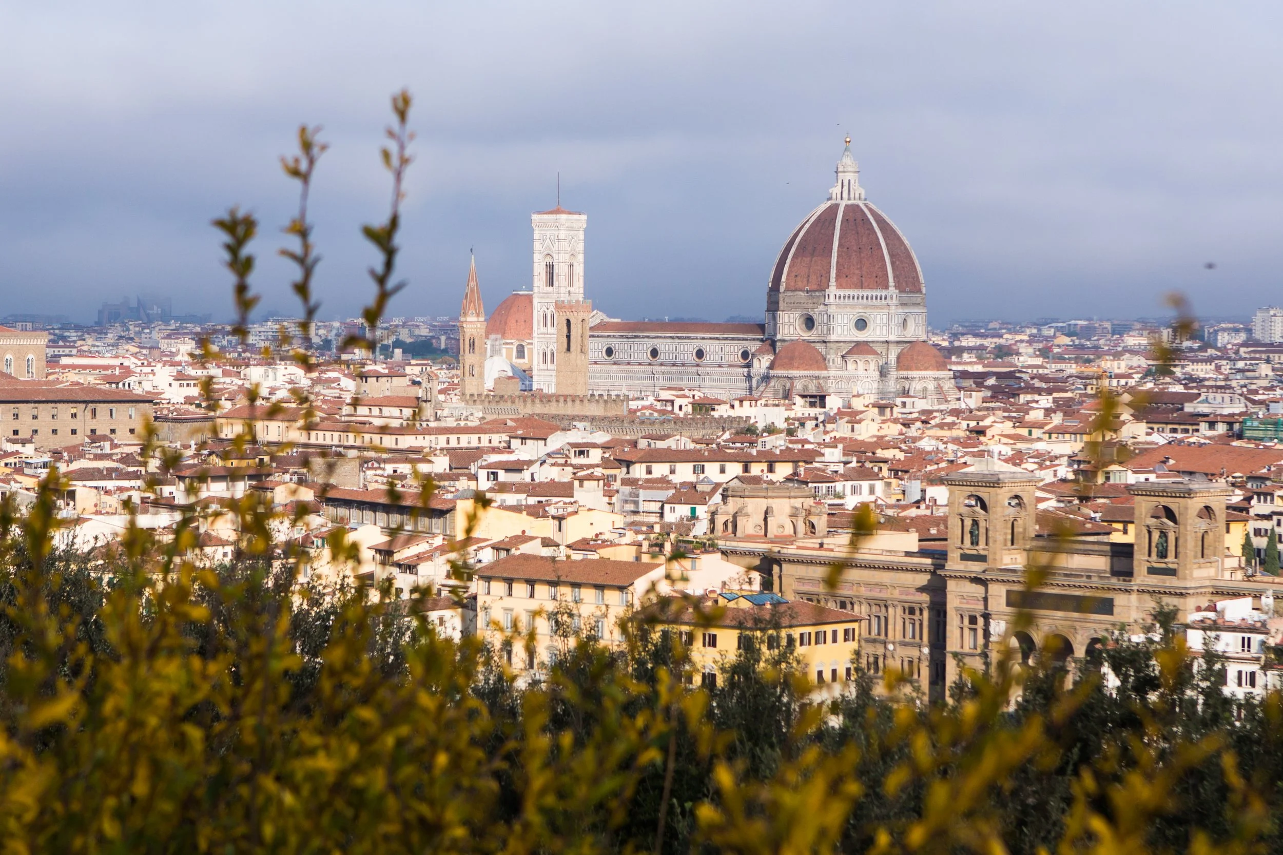 Panoramic view of Florence, Italy with the cathedral dome (Duomo) and cityscape in the distance.