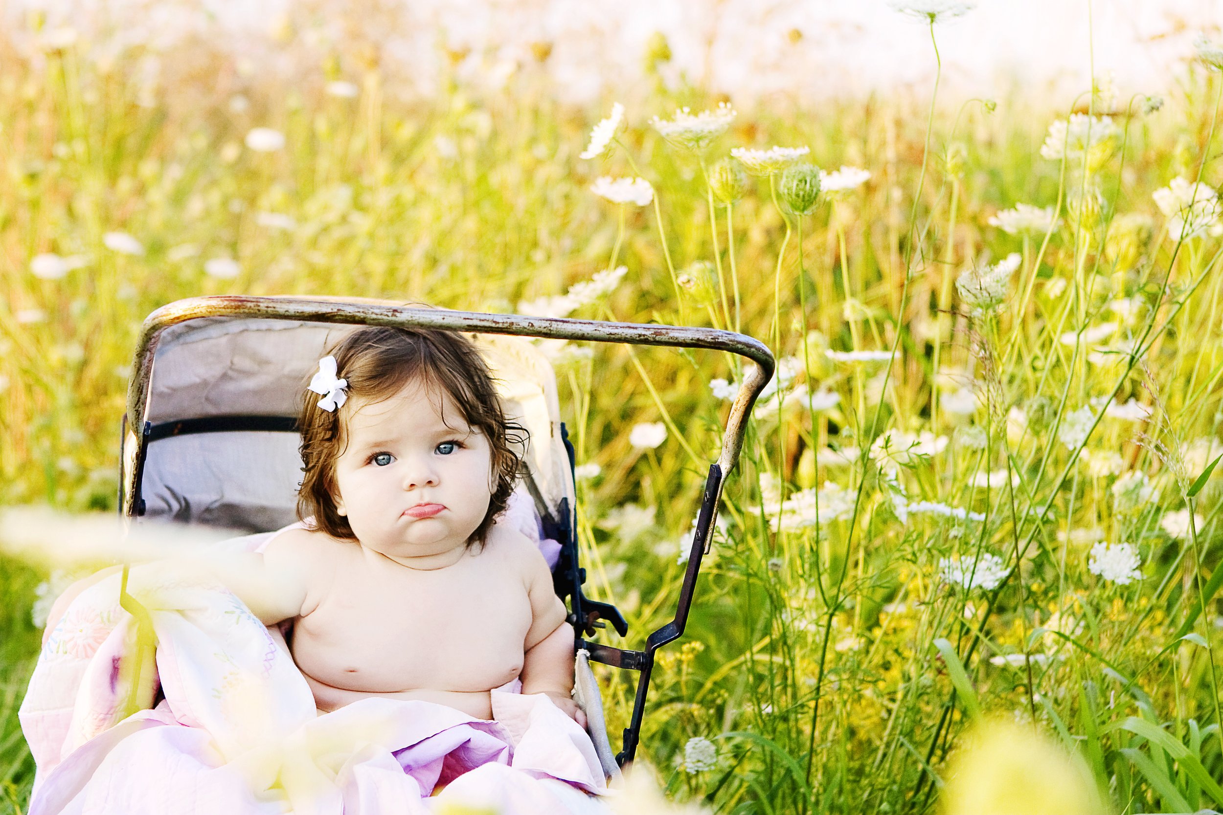 A young girl with curly brown hair and blue eyes sitting in a stroller amid a field of white wildflowers, looking up with a neutral expression.