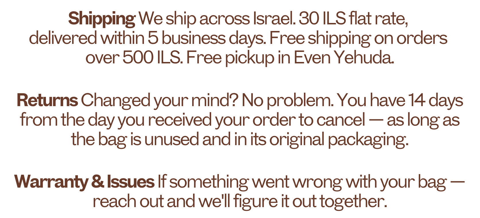 Text-based advertisement for shopping and shipping policies, returns, warranties, and issues.
