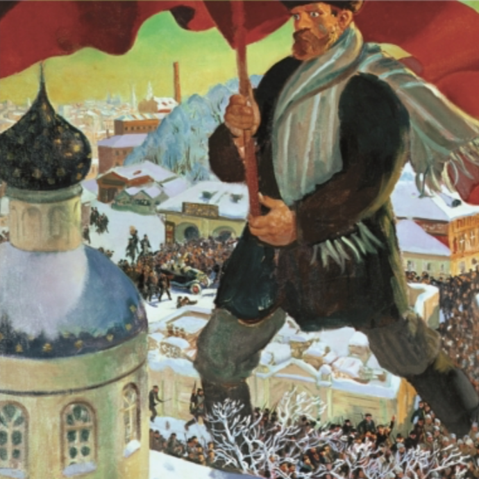 A large painted image of a man holding a red lamp, set against a snowy village scene with churches and crowds.