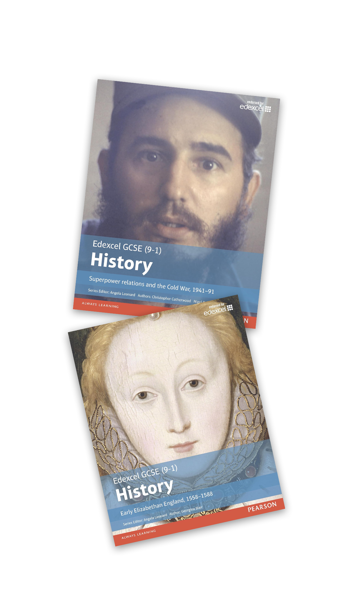 Two history textbooks for GCSE students featuring portraits of historical figures. The first book shows a man with a beard and wearing a hat, titled 'History: Superpower relations and the Cold War, 1941-91'. The second book displays a woman with elaborate gold jewelry, titled 'History: Early Elizabethan England, 1558-1588'.