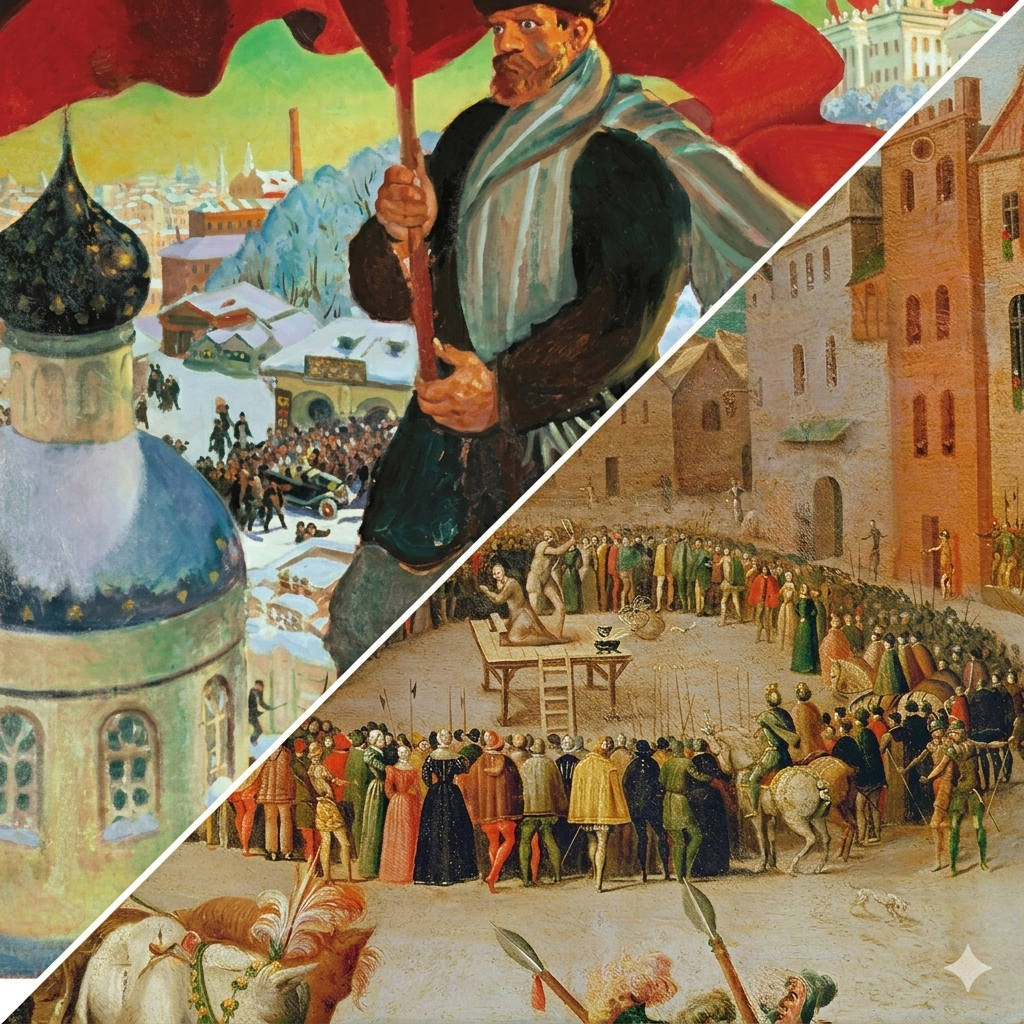 A collage of two historical paintings. The left side features a man holding a large red umbrella overlooking a winter scene with a church dome, snow-covered buildings, and a crowd. The right side depicts a medieval execution scene with a gallows, a crowd of onlookers, and a man on a scaffold.
