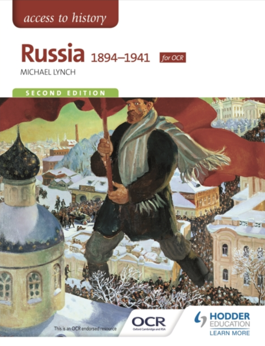 Cover of a history book titled 'Russia 1894-1941 for OCR,' second edition, featuring a painting of a giant man in traditional Russian attire holding a red flag over a snowy cityscape with onion domes and crowds.