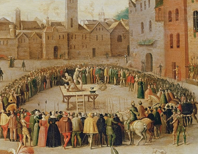 Historical painting depicting a public execution in a medieval town, with a crowd gathered around the gallows, including soldiers, townspeople, and horse riders.