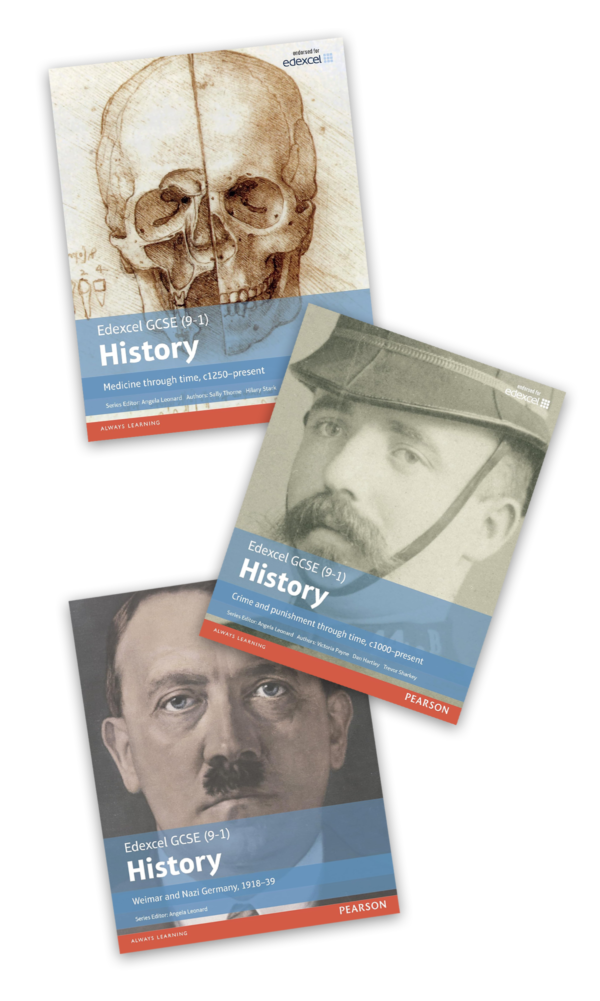 Three history textbooks labeled 'Edexcel GCSE (9-1) History' for different time periods, with images of historical figures and scenes on their covers, including a skull drawing, a man with a mustache, and a man in military uniform.