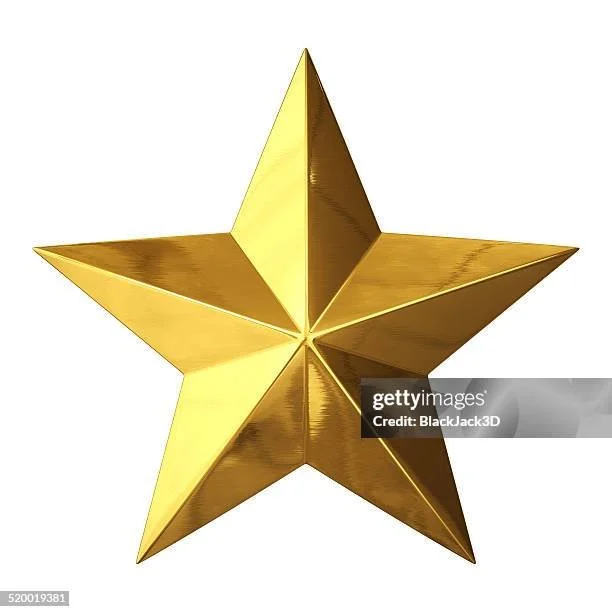 A golden, three-dimensional five-pointed star with a reflective surface.