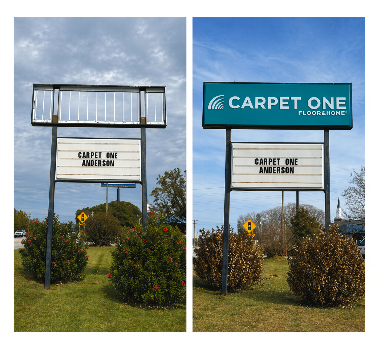 Side-by-side images of a business sign for Carpet One. The left shows an empty sign frame, and the right shows a completed sign with the Carpet One logo and the text "Floor & Home." Both signs have the text "Carpet One Anderson" on a white board below the main sign, with landscaping and a church steeple in the background.