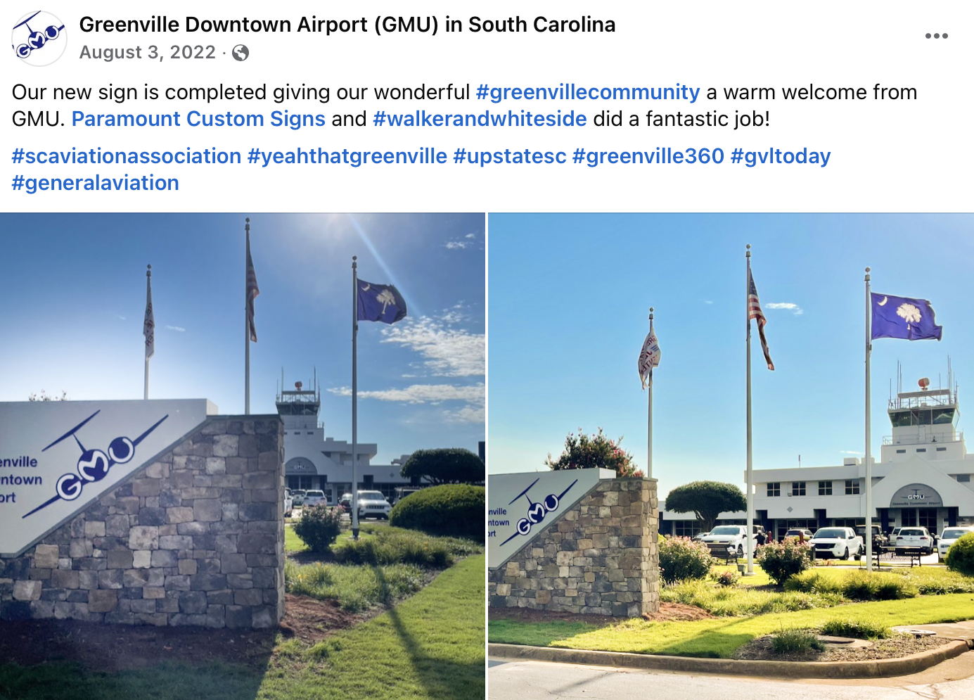 Photographs of the entrance to Greenville Downtown Airport in South Carolina, showing a stone and white sign with the airport's logo, flags flying, a building with an air traffic control tower, and parked cars under a blue sky.