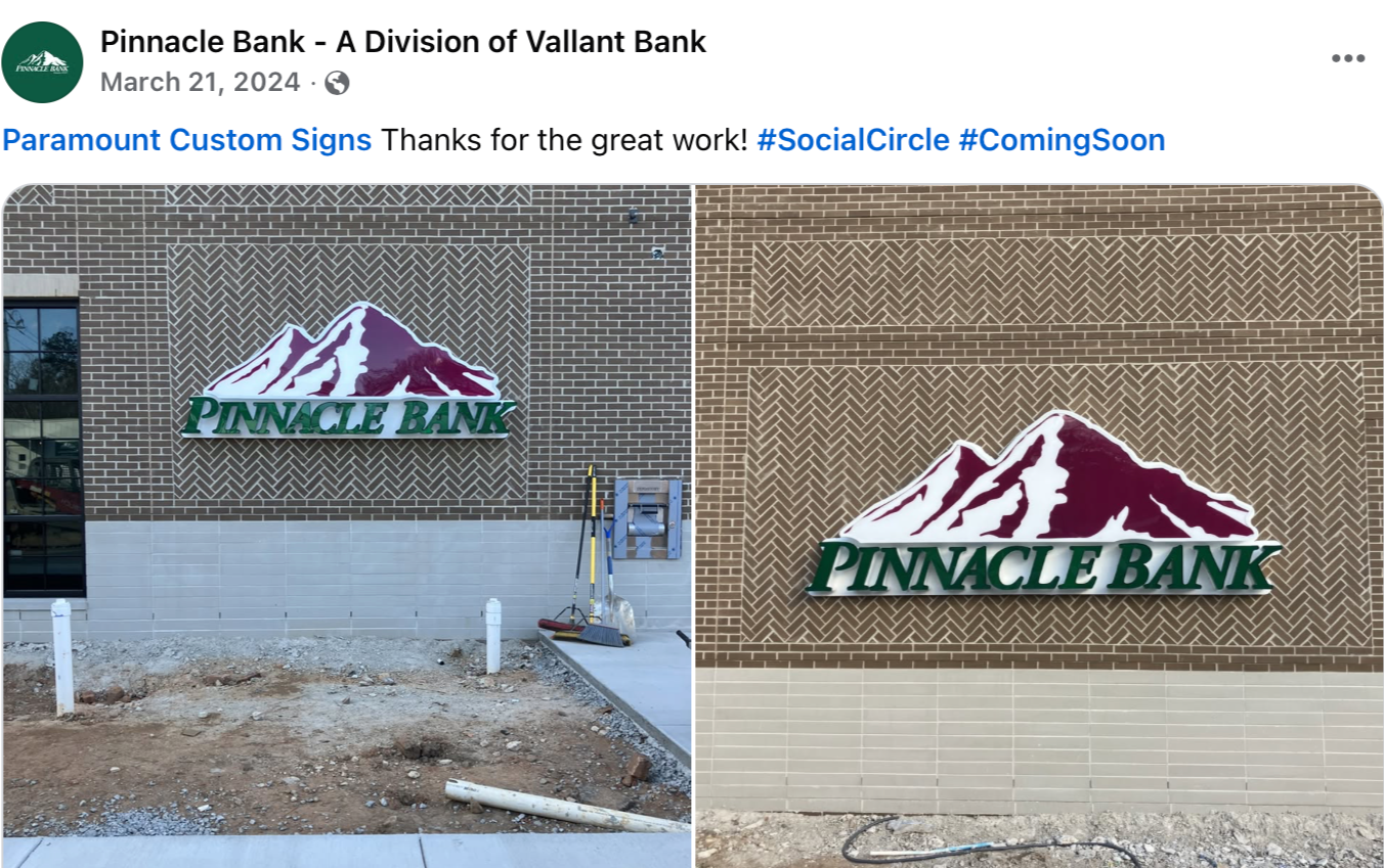 Comparison of the Pinnacle Bank sign before and after installation. The left side shows the sign in progress on a brick wall with construction materials nearby. The right side shows the completed sign mounted on the wall.