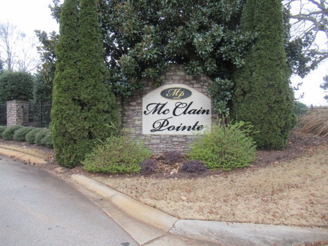Sign reading 'Mc Clain Pointe' surrounded by tall trees and shrubs.