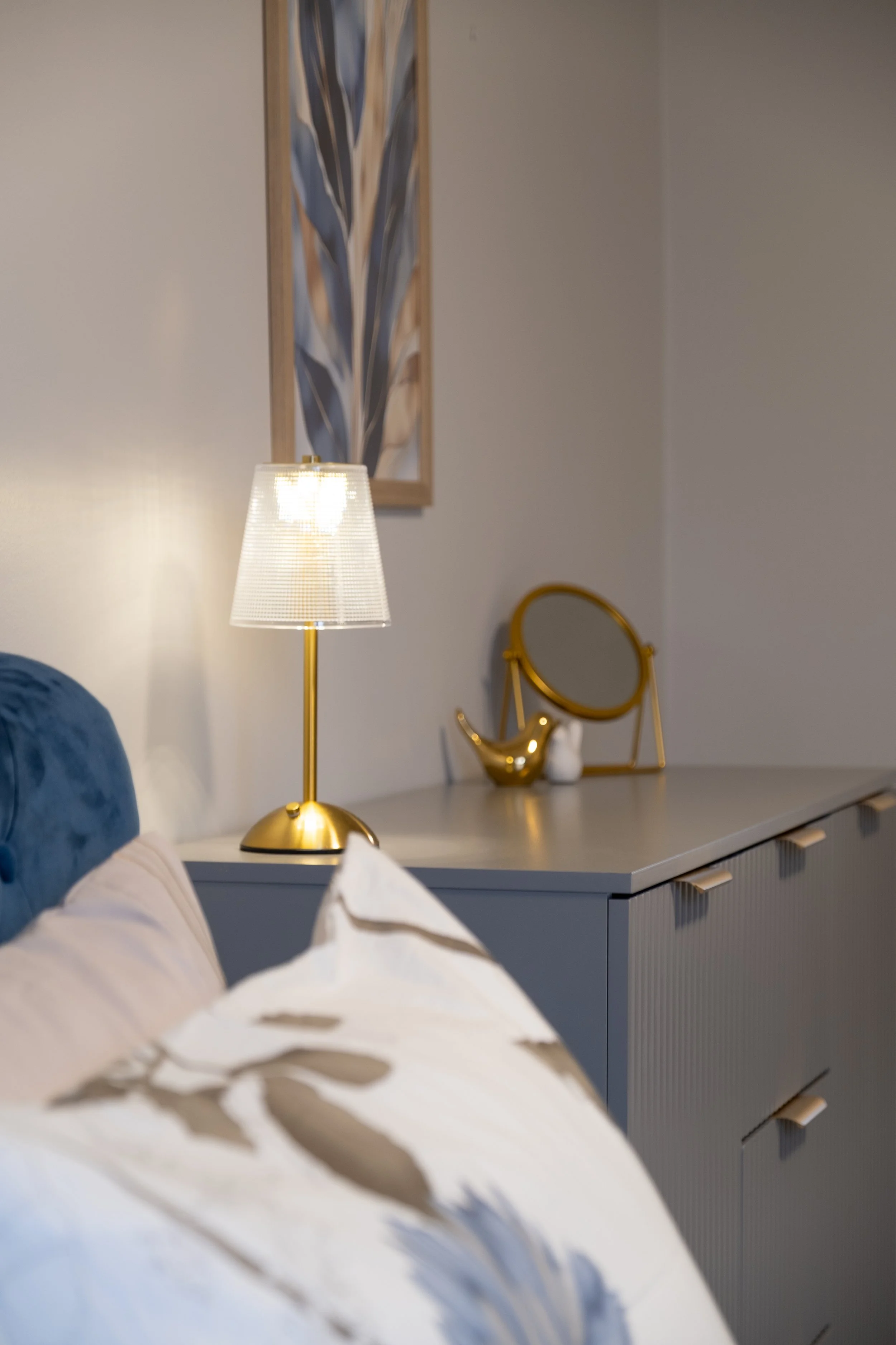 Interior detail photography, bedroom corner styling, soft light, modern interior Ontario
