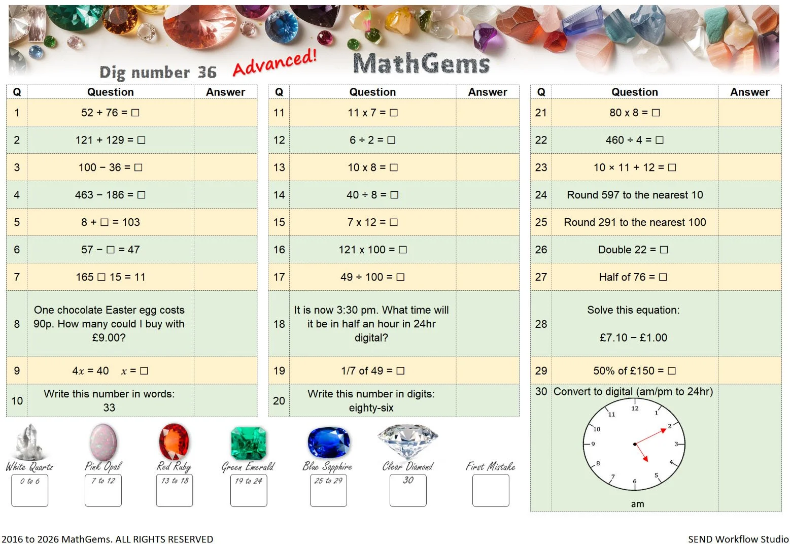 Example MathGems activity page showing timed maths fluency questions and gemstone reward options.