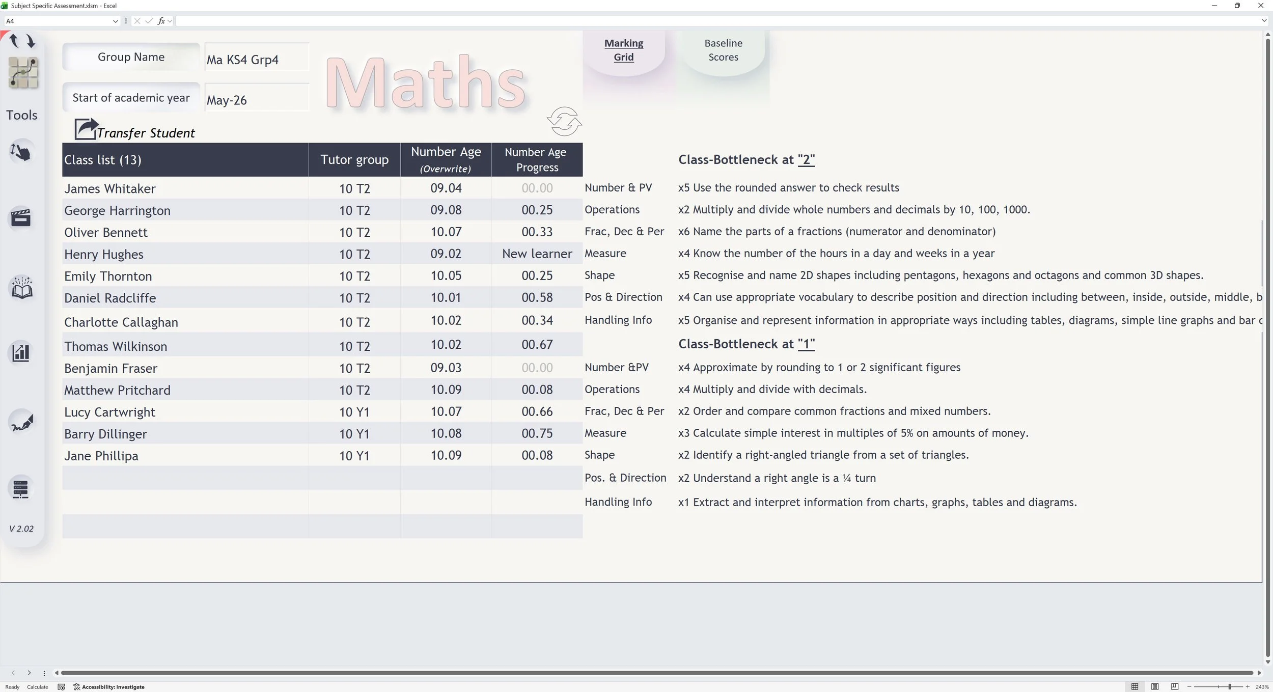 Screenshot of an Excel spreadsheet titled 'Subject Specific Assessment' for a student group, showing a class list with student names, tutor groups, birthdates, and progress scores. There are instructions for marking and classroom tasks on the right side.