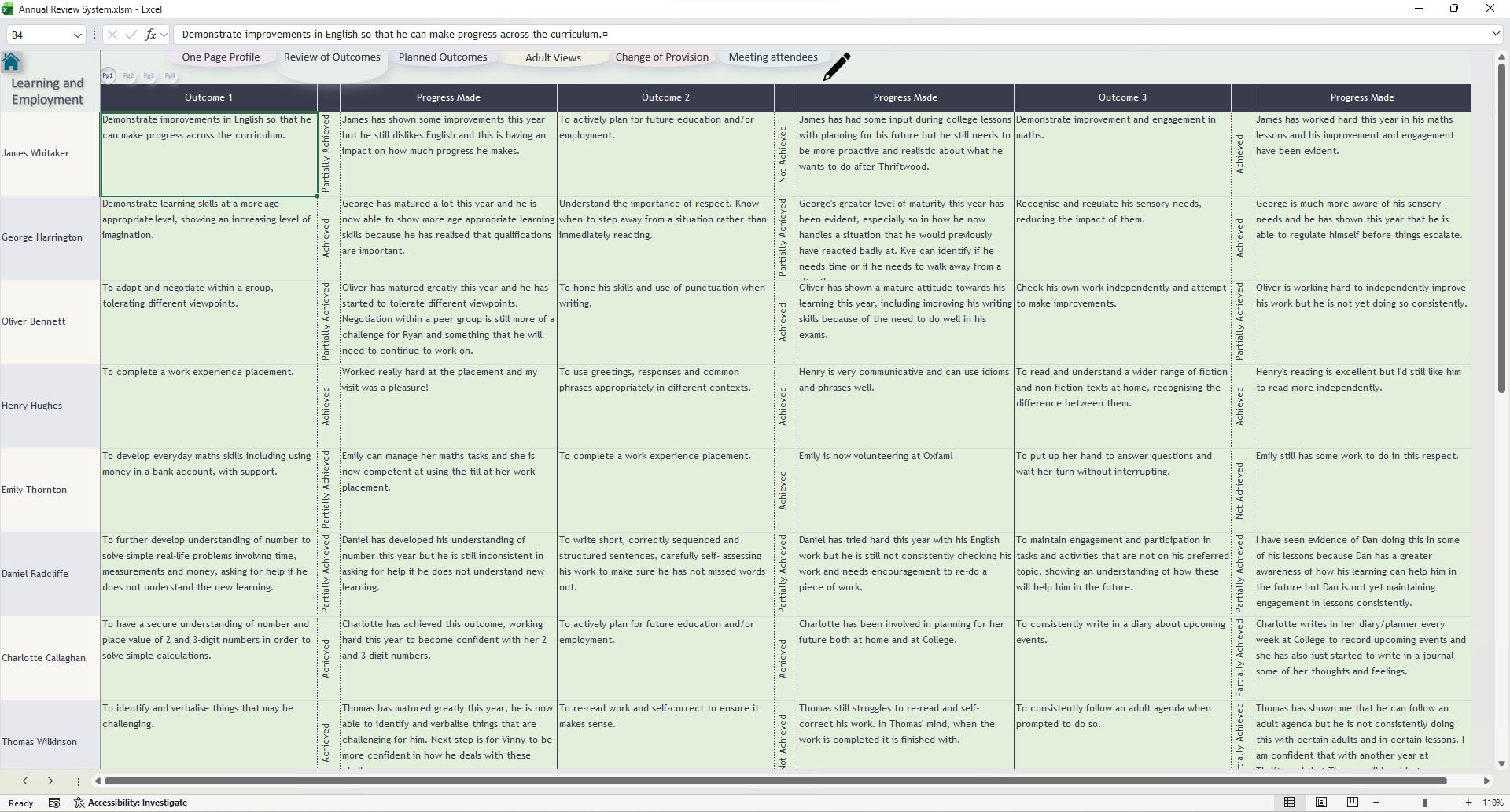 Screenshot of the Annual Review System review of outcomes section showing previous targets, progress notes and impact comments.