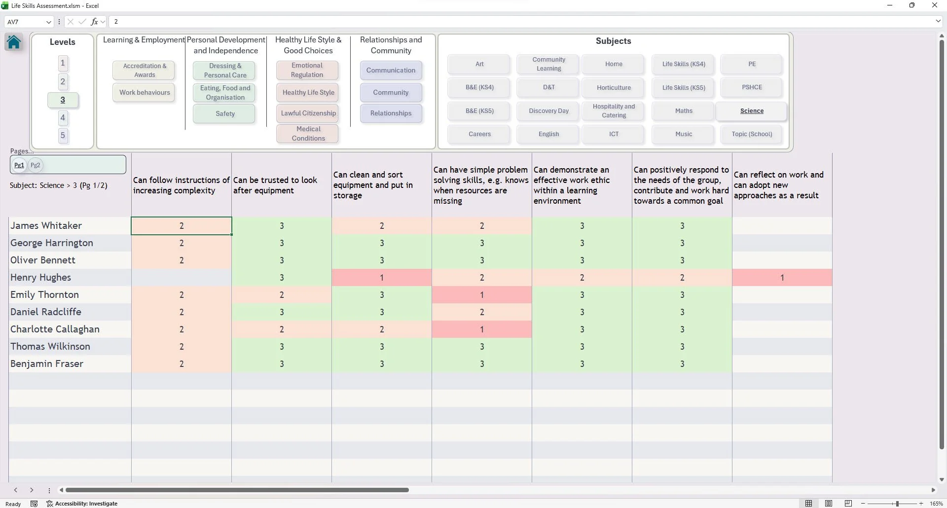 Screenshot of an Excel spreadsheet with a table comparing students' scores on various science skills assessments, with color-coded cells indicating different performance levels.