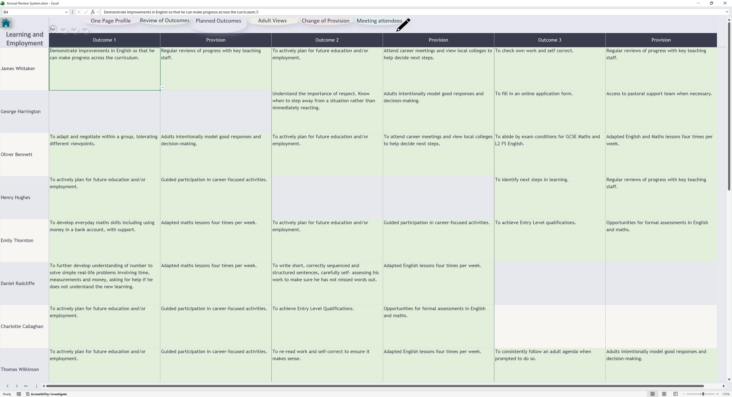 Annual Review Planned Outcomes screenshot